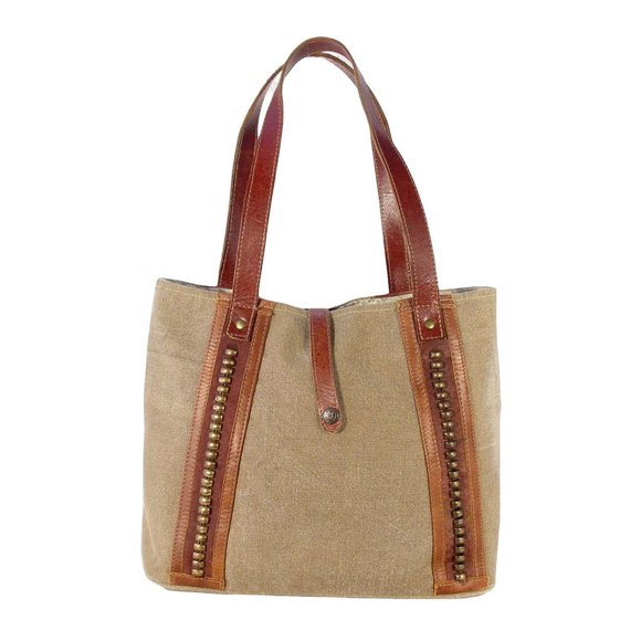 Mona B Handbags - MONA B Upcycled Recycled Canvas and Leather Studded Tote Bag